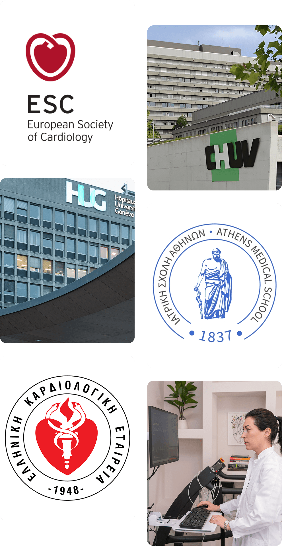 Κολάζ έξι εικόνων με λογότυπα και φωτογραφίες οργανισμών και νοσοκομείων που δούλεψε η γιατρός